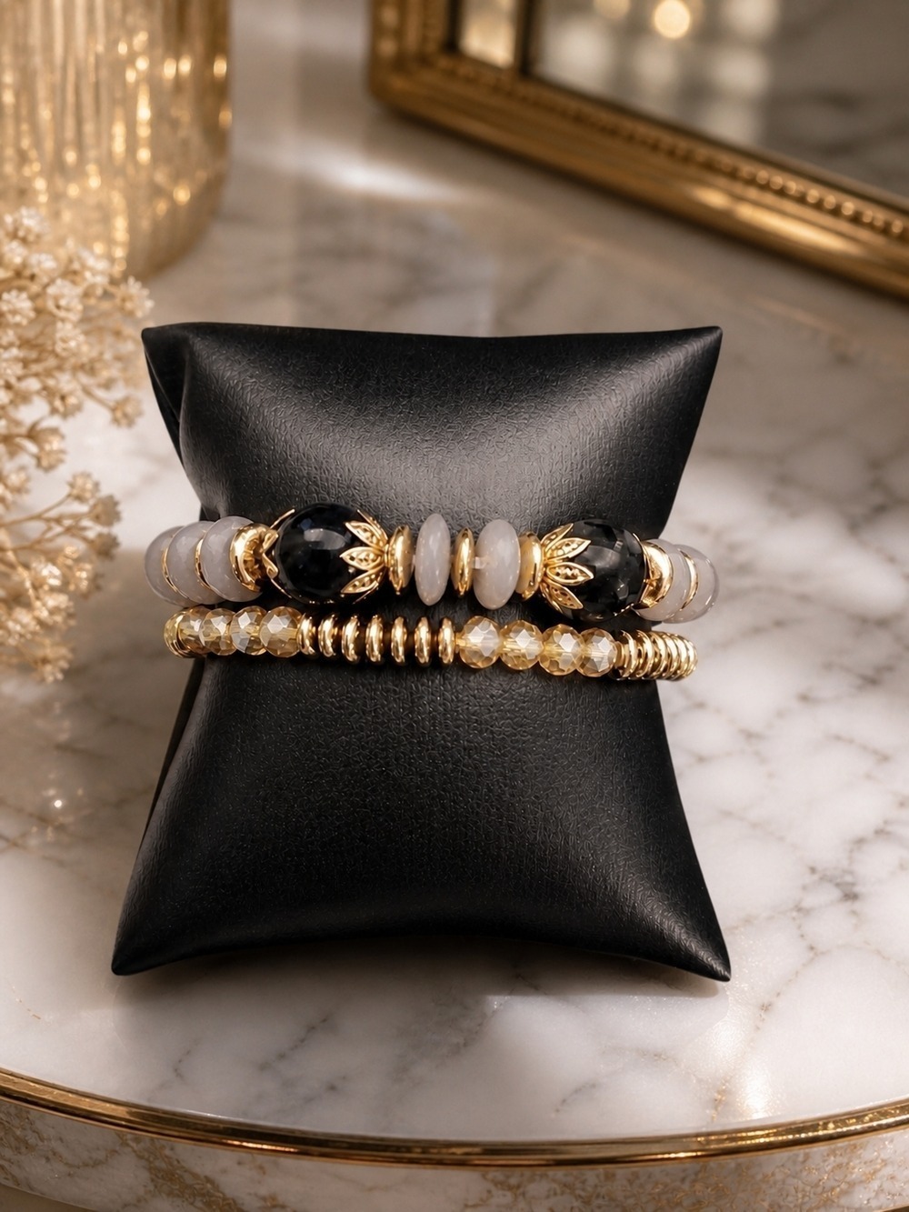 Gold Black Beaded Layered Bracelet Set Womens Jewelry